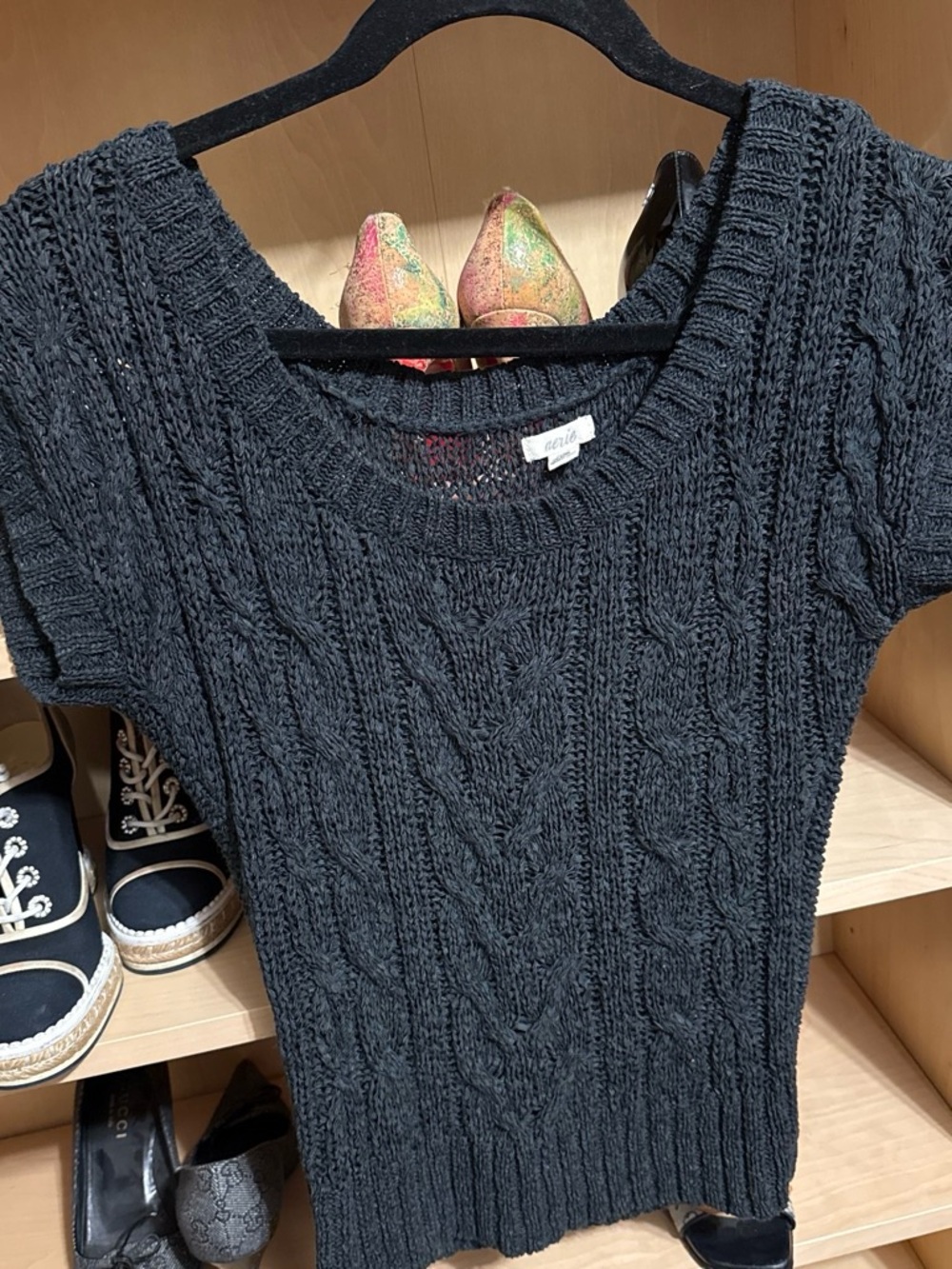 aerie Black Cable-Knit Short-Sleeve Crew Sweater